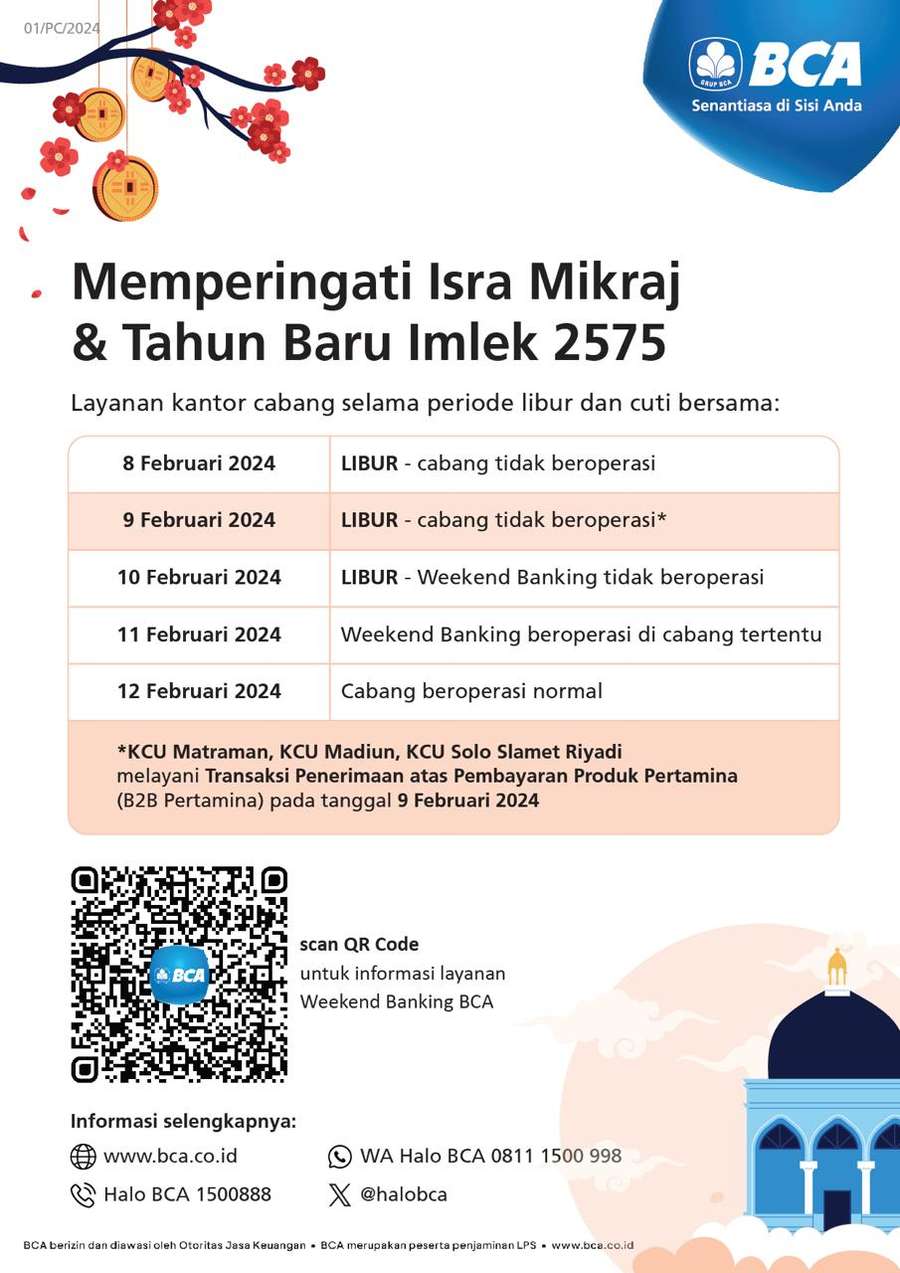 Catat! Ini Jadwal Operasional BCA Selama Libur Isra Mikraj dan Tahun Baru Imlek 2024